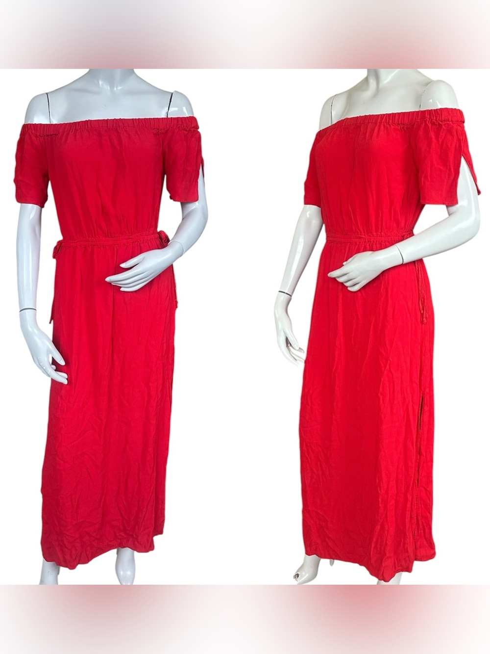 1. STATE Red Off Shoulder Split Short Sleeve Off Shoulder Slit Maxi Dress XS